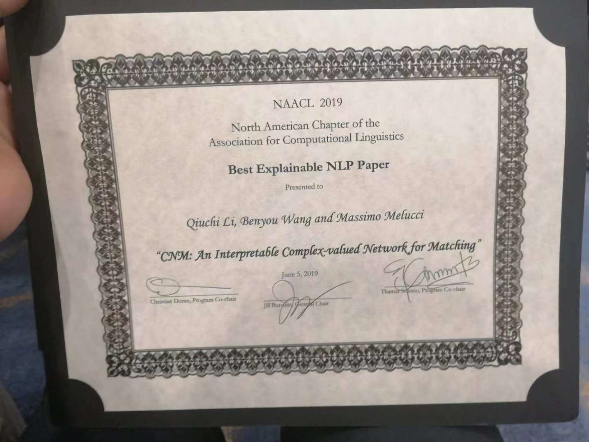 NAACL 2019 Best Explainable NLP Paper certificate